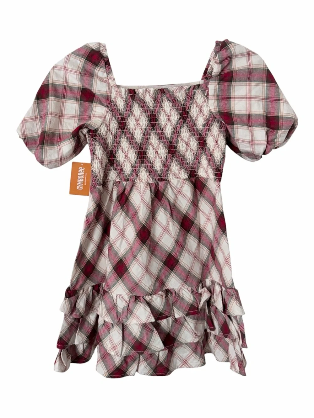 NEW Gymboree Cream Plaid Ruffle Dress Size 6 Puff Sleeves 100 Cotton